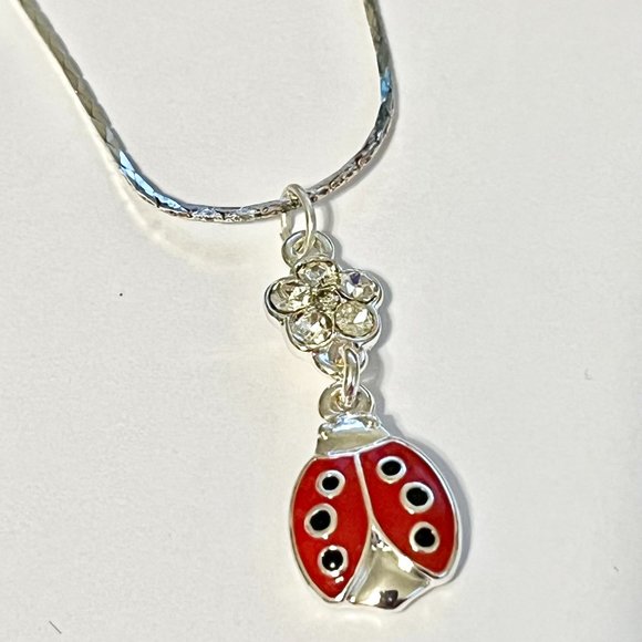 Silver Red Ladybug Pendant Necklace Crystal Plated 18" Chain Insect Enamel - Picture 4 of 12